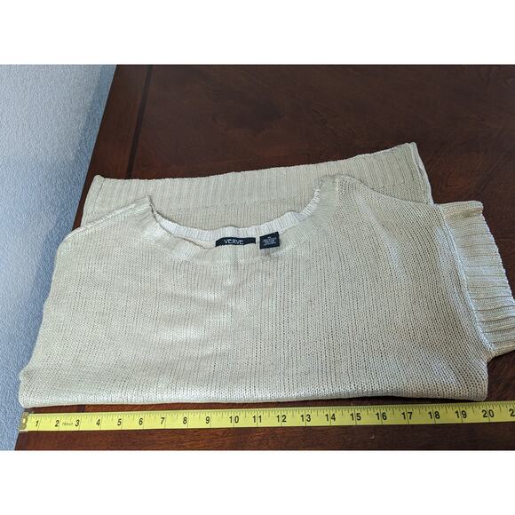 Verve Ami Sweater XL Gold Metallic Rib Knit Crew Neck Short Sleeve‎ Sparkle Work - Picture 5 of 8